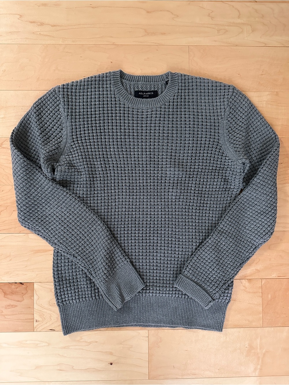 All Saints Men's Gray Waffle Knit Crewneck Sweater